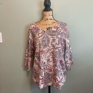 NWT Karen Scott Womens Paisley Boho Chic V-Neck Tunic Casual Blouse Cream Red 0X
